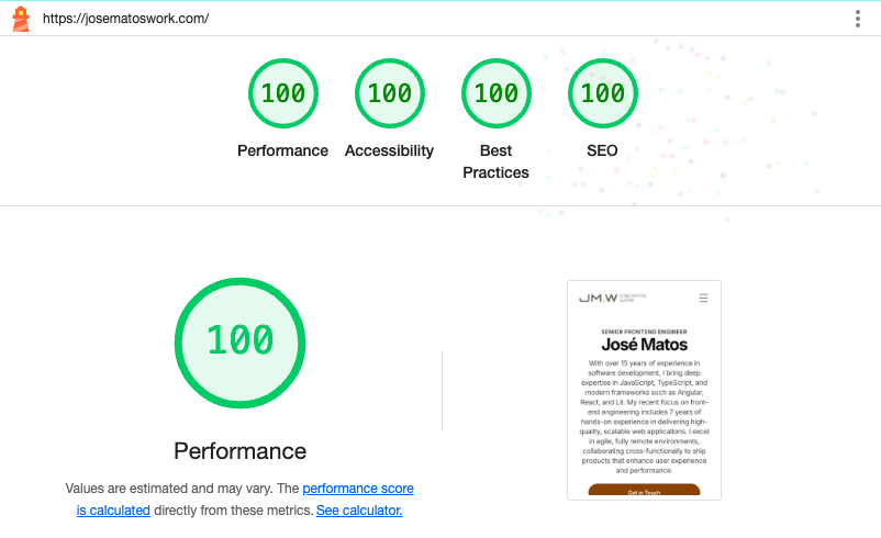 Personal Website Project Lighthouse score